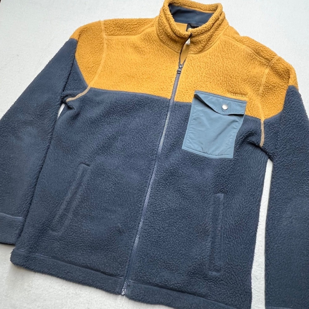 Marmot Color Block‎ Fleece Jacket Full Zip Mens Medium Blue Gold pile pocket